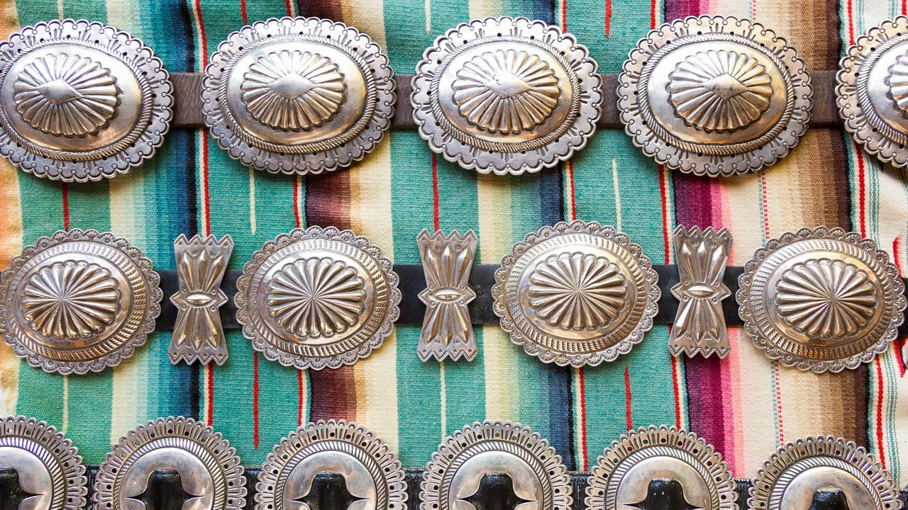 Collection of silver Native American concho belts, Santa Fe, New Mexico (© julien mcroberts/Shutterstock)
