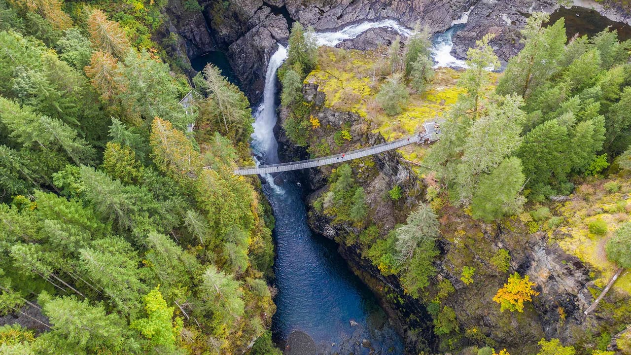 Aerial view of Elk Falls suspension bridge on Vancouver Island (© Ink Drop/Alamy Stock Photo)