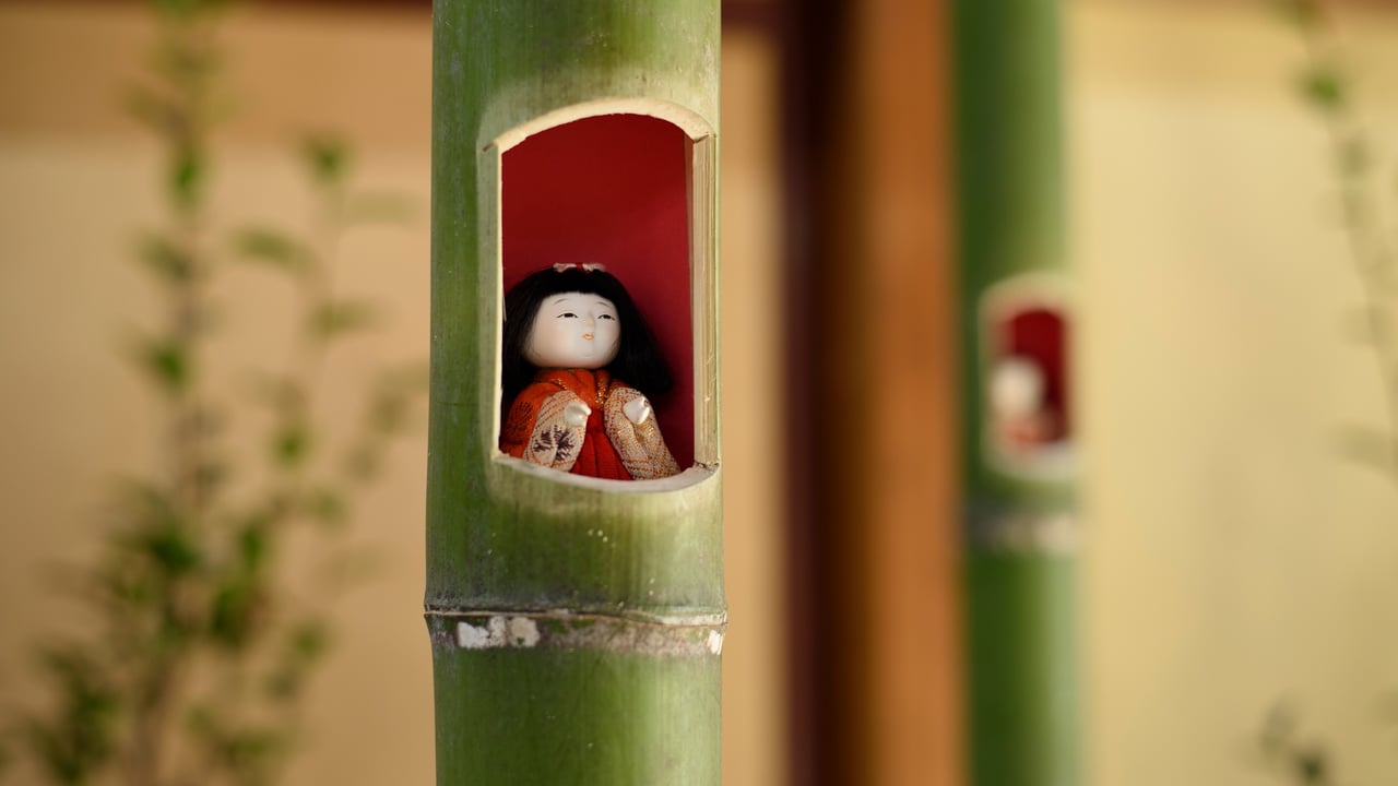 竹筒から顔をのぞかせる可愛いひな人形 (© Bong Grit/Getty Images)