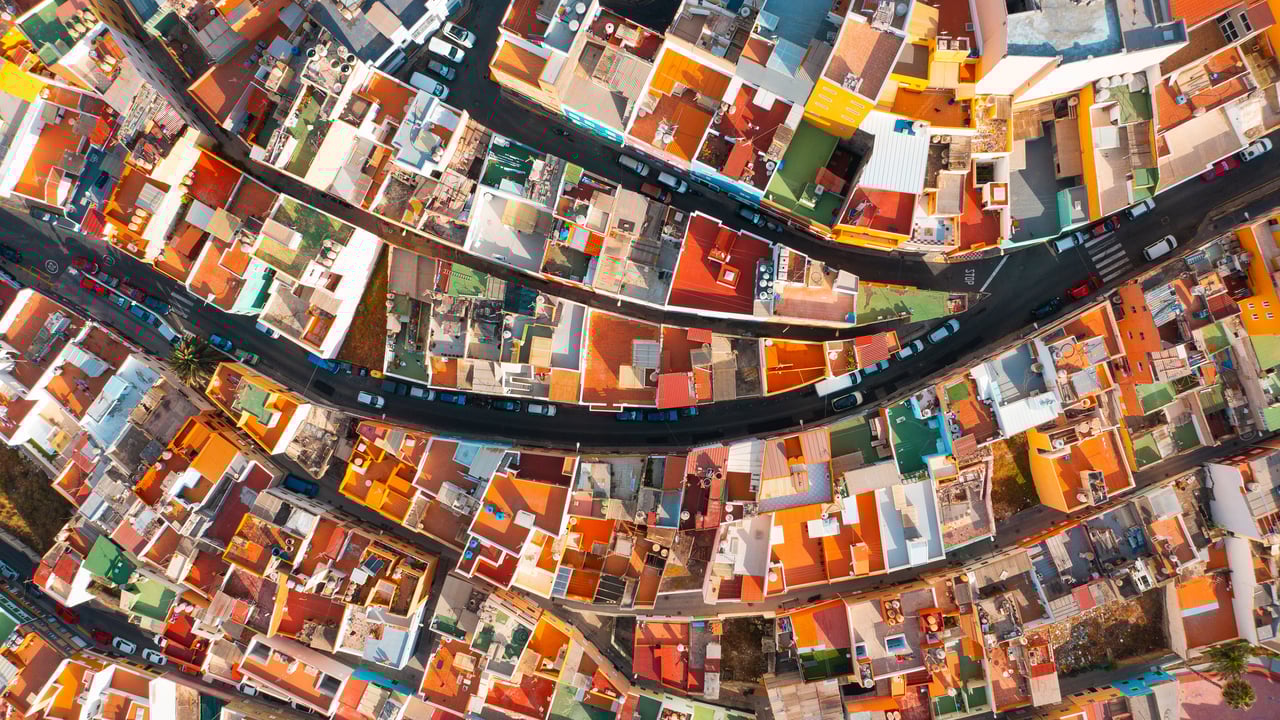 Aerial view of colourful houses, Las Palmas de Gran Canaria, Spain (© Marco Bottigelli/Getty Images)
