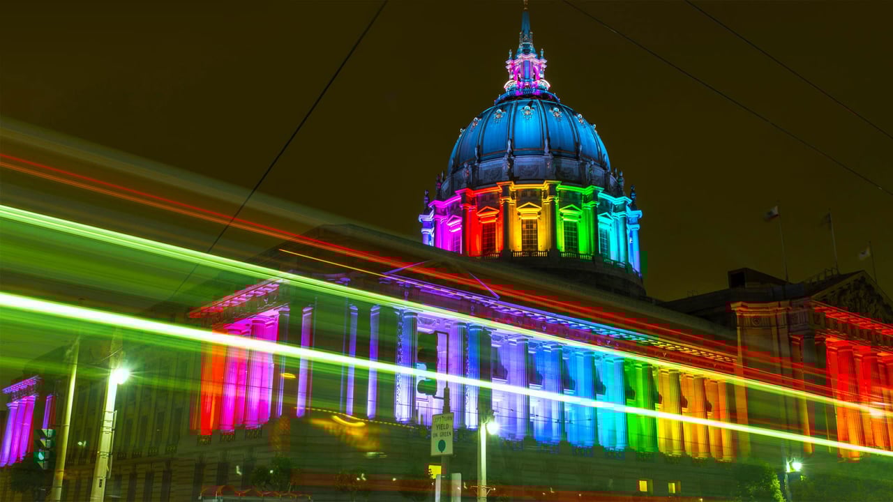 San Francisco City Hall lit with rainbow lights for Pride (© Wonwoo Lee/Getty Images)