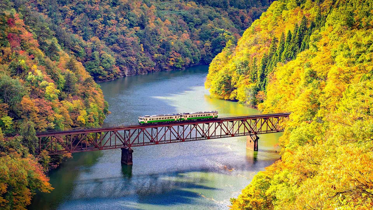 第三只見川橋梁を渡る列車, 福島県 大沼郡 三島町 (© DoctorEgg/Getty Images)