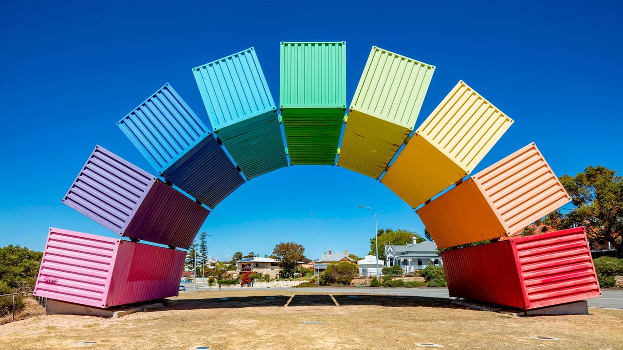 Wide angle view of rainbow-coloured shipping containers in Fremantle, Australia (© Michael R Evans/Shutterstock)