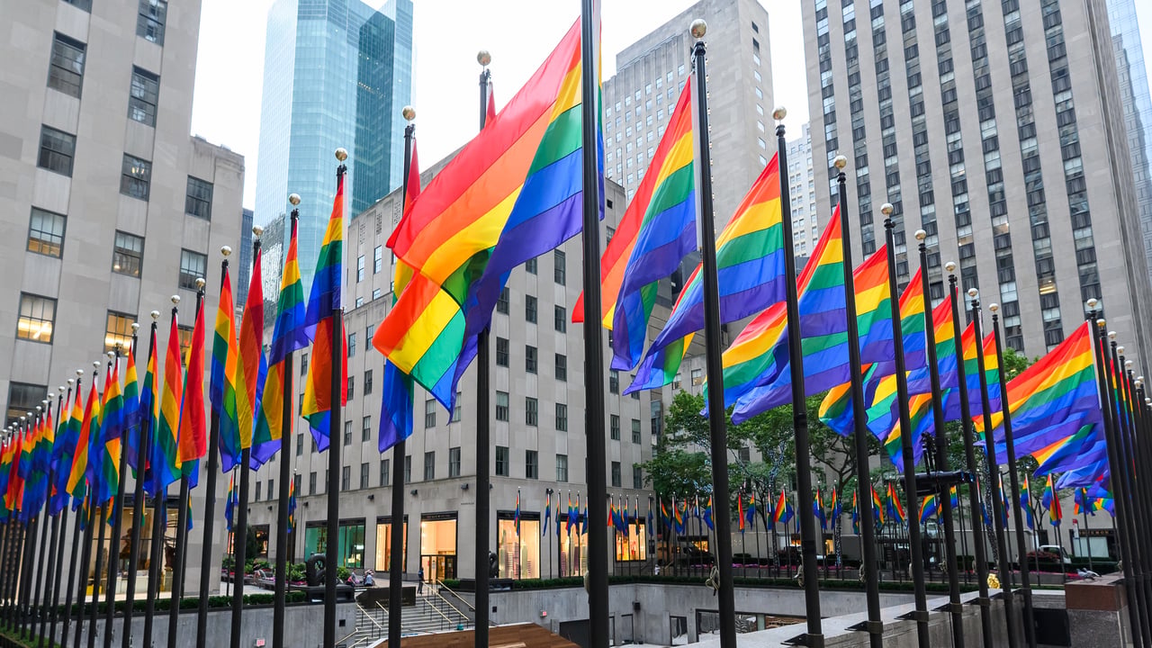 Rainbow flags at Rockefeller Center on June 28, 2020, New York City (© Noam Galai/Getty Images)