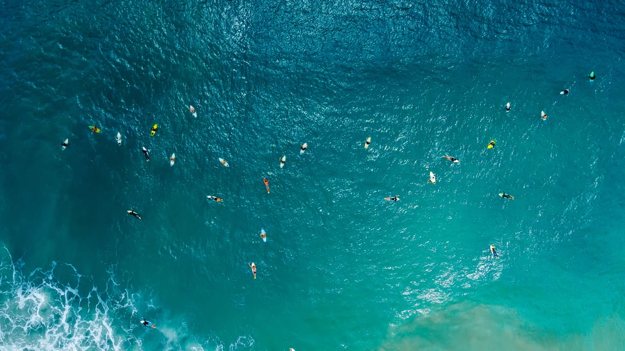 Aerial view of surfers, Santa Catarina, Brazil (© Wonderful Nature/Shutterstock)