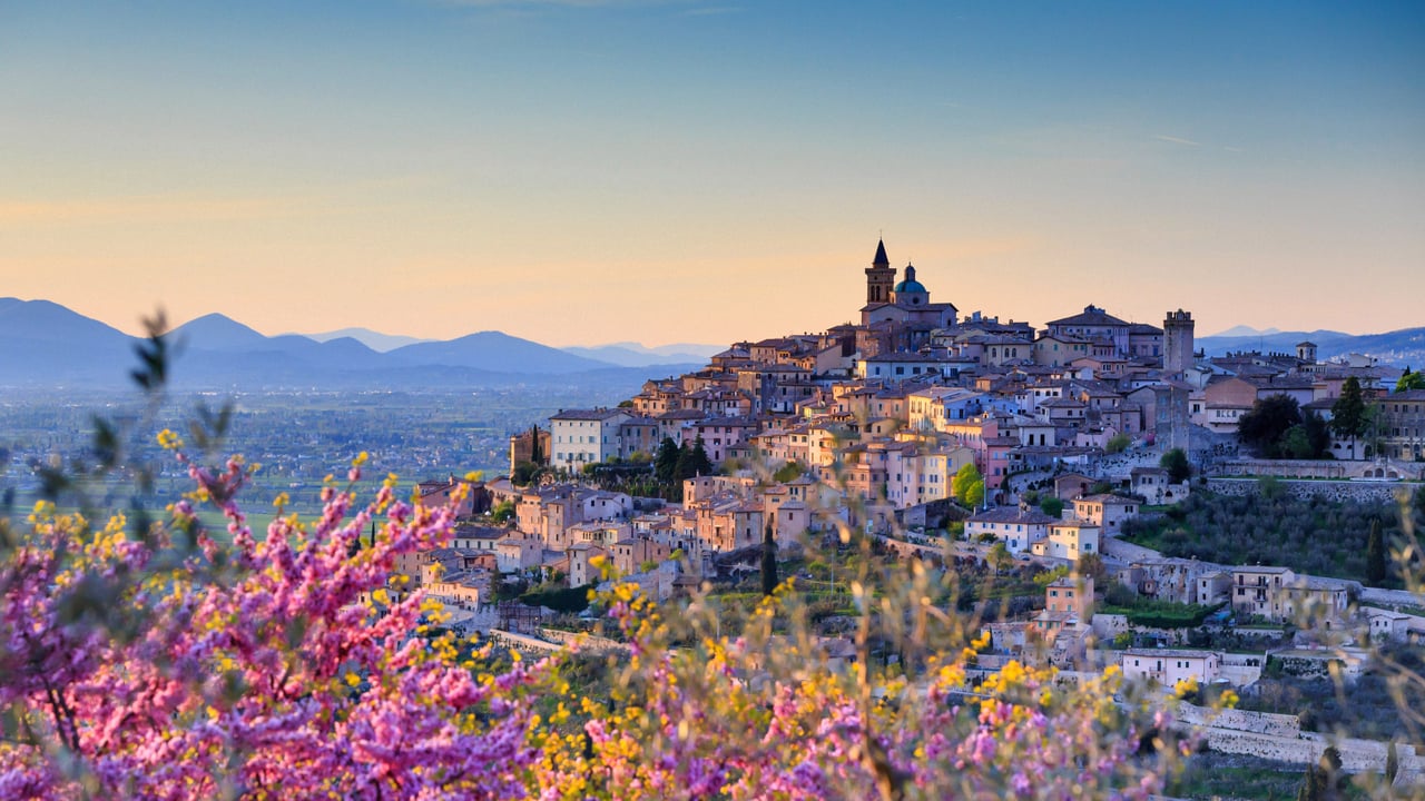 Almond blossoms overlooking Trevi, Umbria, Italy (© Maurizio Rellini/eStock Photo)