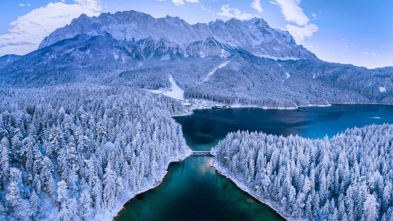 Eibsee, a lake at the base of the Zugspitze, Bavaria, Germany (© Marc Hohenleitner/Huber/eStock Photo)