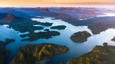 Bing wallpaper June 4, 2022. Aerial view of Clayoquot Sound and the Pacific Rim National Park Reserve in British Columbia (© Yuri Choufour/Danita Delimont)