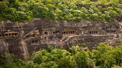 Bing wallpaper July 16, 2019. Aerial view of Ajanta Caves, Maharashtra (© www.victoriawlaka.com/Getty Images Plus)