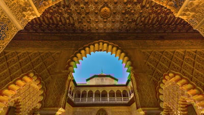 Bing wallpaper October 13, 2024. Courtyard of the Maidens, Alcázar of Seville, Spain (© Danny Lehman/Getty Images)
