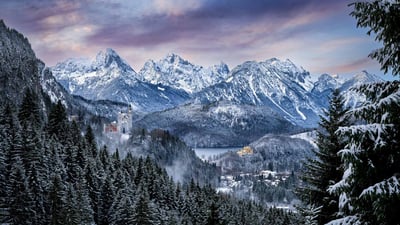 Bing wallpaper December 5, 2023. Neuschwanstein and Hohenschwangau castles, Bavarian Alps, Germany (© Harald Nachtmann/Getty Images)