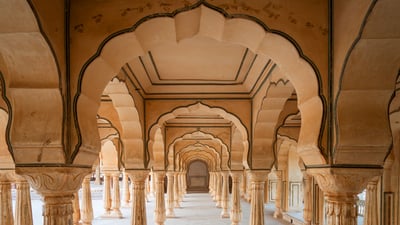Bing wallpaper September 28, 2026. Sattais Katcheri Hall in Amber Fort near Jaipur, Rajasthan, India (© R.M. Nunes/Getty Images)