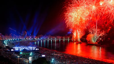 Bing wallpaper December 31, 2025. Fogos de artifício na praia de Copacabana, Rio de Janeiro (© BrasilNut1/Getty Images)
