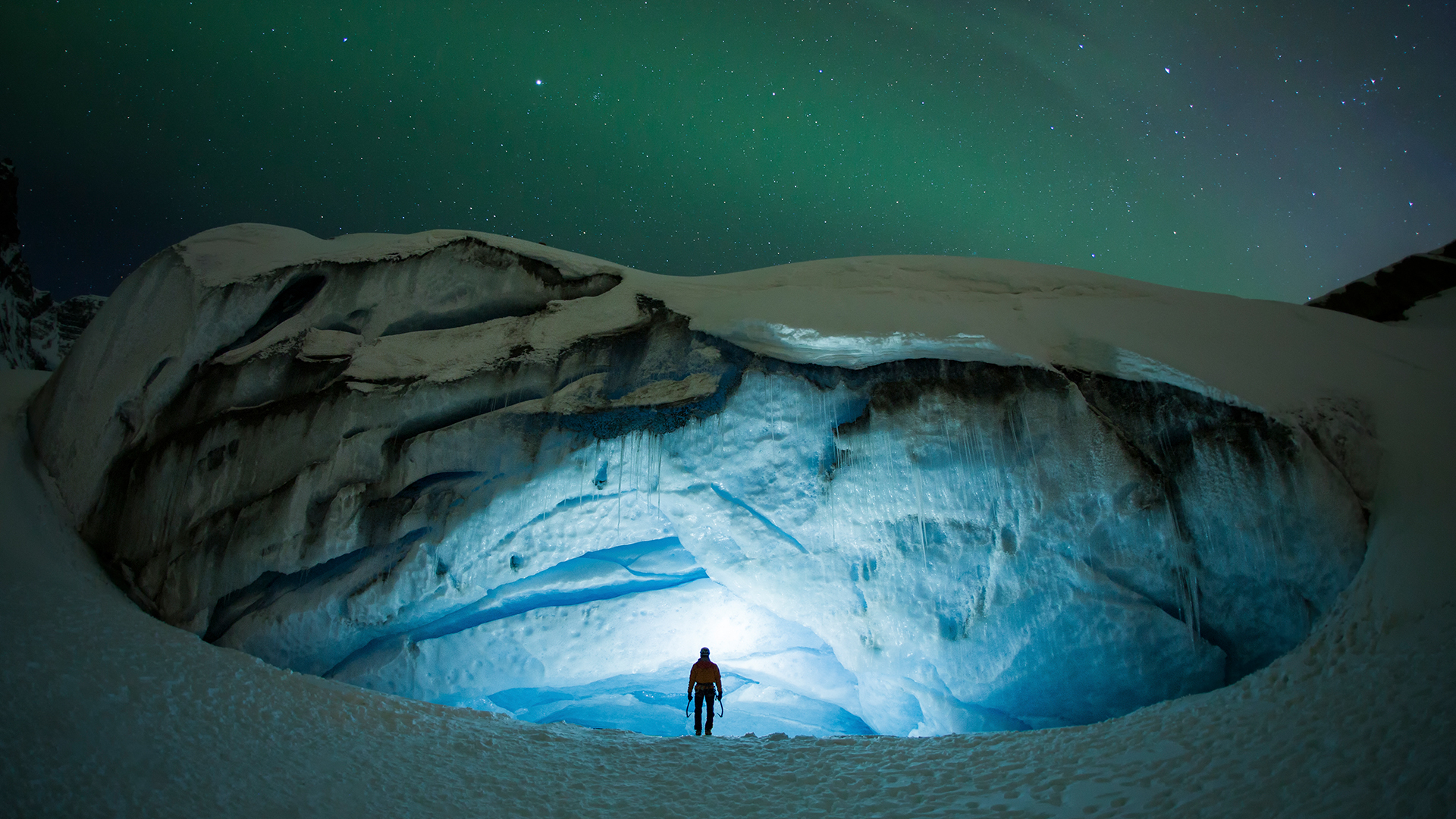 Bing wallpaper January 18, 2021. Ice-climbing at the Athabasca Glacier in Jasper National Park, Alberta (© Cavan Images/Offset)