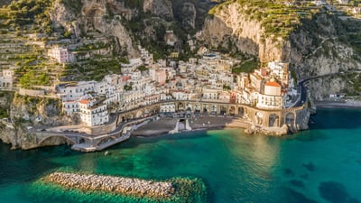 Bing wallpaper February 28, 2023. Atrani, Amalfi Coast, Italy (© Amazing Aerial/Shutterstock)