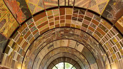Bing wallpaper August 9, 2023. Indigenous artwork, Ngaruwanajirri Art Centre, Wurrumiyanga, Bathurst Island, Australia (© Robert Wyatt/Alamy)