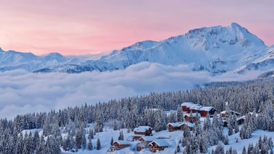 Bing wallpaper December 17, 2023. Station de ski du col des Saisies à l'aube, Beaufortain, Savoie, France (© SPANI Arnaud/hemis.fr/Alamy Stock Photo)