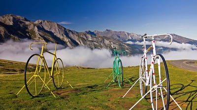 Bing wallpaper August 29, 2020. Bicycle sculptures at the Col d'Aubisque, Hautes Pyrenees, France (© Fco. Javier Sobrino/age fotostock)