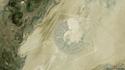 Bing wallpaper August 25, 2019. Satellite image of the Burning Man festival in Black Rock City, Nevada (© DigitalGlobe/ScapeWare3d/Getty Images)