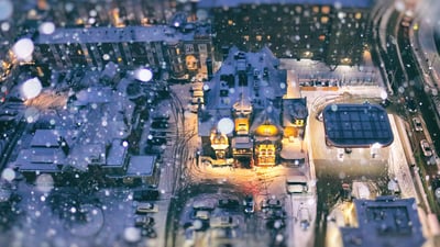 Bing wallpaper December 28, 2019. Aerial view of a residential area on a snow day during blue hour, Toronto (© Katrin Ray Shumakov/Getty Images)