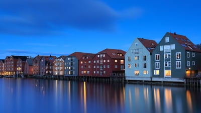 Bing wallpaper February 7, 2025. Blue hour in Trondheim, Norway (© Jeanny Mueller/Getty Images)