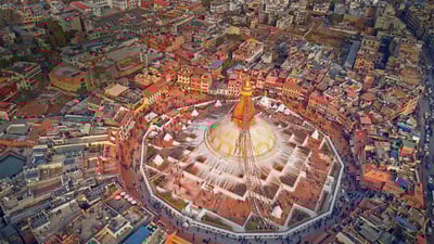Bing wallpaper January 12, 2020. Aerial view of Boudhanath stupa in Kathmandu, Nepal (© Maksim Semin/Shutterstock)