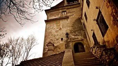 Bing wallpaper October 31, 2025. Entrance of Bran Castle in Bran, Brașov, Romania (© blue sky in my pocket/Getty Images)