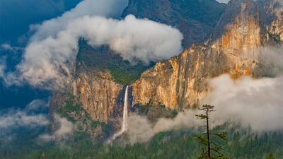 Bing wallpaper March 1, 2023. Bridalveil Fall, Yosemite National Park, California (© Jeff Foott/Minden Pictures)