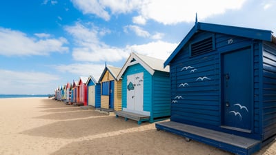 Bing wallpaper February 22, 2024. Bathing boxes at Brighton Beach, Melbourne, Victoria, Australia (© Prasit photo/Getty Images)