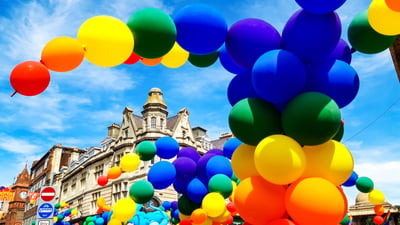 Bing wallpaper July 31, 2026. Rainbow balloons at the pride parade in Brighton, East Sussex, England (© Joel Sharpe/Getty Images)