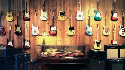 Bing wallpaper March 2, 2024. Electric guitars and amplifiers (© Third Eye Images/The Image Bank/Getty Images)