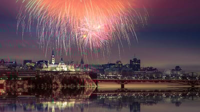 Bing wallpaper December 31, 2024. Fireworks over Parliament Hill with reflection, Ottawa (© naibak/Moment/Getty Images)