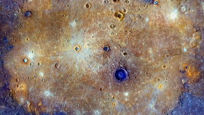 Bing wallpaper July 7, 2020. Enhanced-color composite of the Caloris Basin, Mercury (© NASA/Johns Hopkins University Applied Physics Laboratory/Carnegie Institution of Washington)