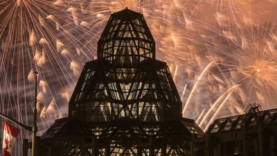 Bing wallpaper July 1, 2024. Canada Day firework show behind the National Gallery of Canada, Ottawa (© gqxue/iStock Editorial/Gettty Images)