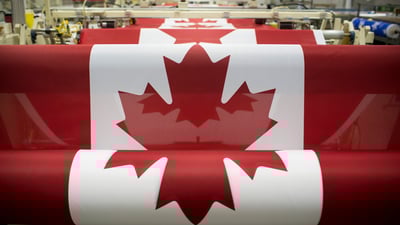 Bing wallpaper February 15, 2020. Canadian flags are printed at the Flags Unlimited facility in Barrie, Ont. (© Brent Lewin/Bloomberg via Getty Images)