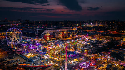 Bing wallpaper August 21, 2026. Aerial view of Canadian National Exhibition in Toronto (© Wirestock/Getty Images)