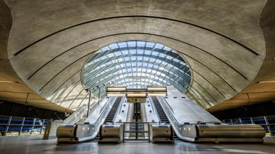 Bing wallpaper October 17, 2023. Canary Wharf underground station, London (© AWL Images/DanitaDelimont.com)