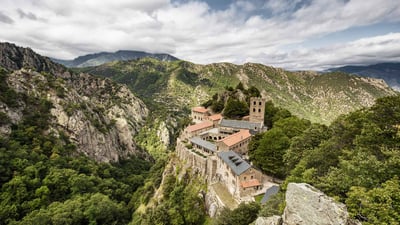 Bing wallpaper September 8, 2024. Abbey of Saint-Martin-du-Canigou, Northern Catalonia, France (© Cyril Gosselin/Getty Images)