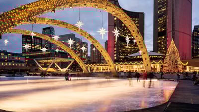 Bing wallpaper November 30, 2019. Christmas Lights and Christmas tree at Nathan Phillips square, Toronto (© Bert Hoferichter/AgeFotostock)
