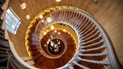 Bing wallpaper March 25, 2023. Cecil Brewer Staircase, the Heal's Building, London, England (© Yiran An/Getty Images)