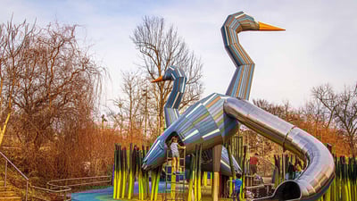 Bing wallpaper November 20, 2023. Chapman Adventure Playground in the Gathering Place, Tulsa, Oklahoma (© Susan Vineyard/Alamy)