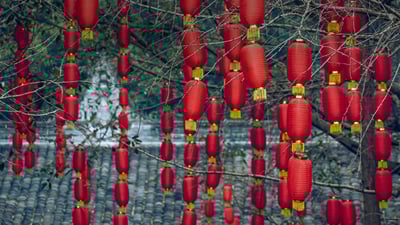 Bing wallpaper February 15, 2022. Red lanterns hanging on trees during the Lantern Festival in Chengdu, Sichuan, China (© Philippe Lejeanvre/Getty Images)