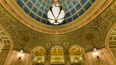 Bing wallpaper July 27, 2026. Tiffany Dome, Chicago Cultural Centre, Illinois, United States (© Felix Lipov/Shutterstock)