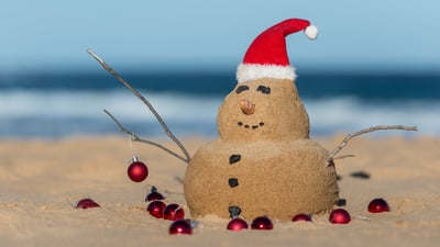 Bing wallpaper December 24, 2020. Australian Christmas sandman with decorations on Bondi Beach, NSW (© fogaas/iStock/Getty Images Plus)