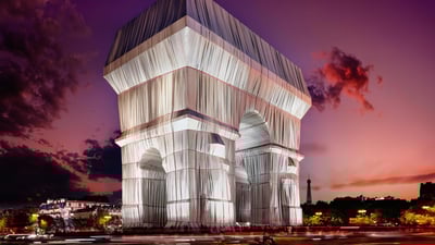 Bing wallpaper April 15, 2022. 'L'Arc de Triomphe, Wrapped,' an art installation by Christo and Jeanne-Claude on September 24, 2021, in Paris, France (© Bruno de HOGUES/Getty Images)