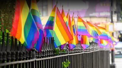 Bing wallpaper June 28, 2024. Pride flags at Christopher Park, Stonewall National Monument, New York City (© Noam Galai/Getty Images)