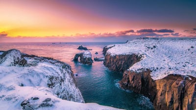 Bing wallpaper December 10, 2024. The Cornish Coast Path covered in snow, Land's End, Cornwall, England (© Josef FitzGerald-Patrick/Getty Images)