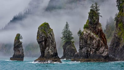 Bing wallpaper April 20, 2019. The Cove of Spires in Kenai Fjords National Park near Seward, Alaska (© Grant Ordelheide/Tandem Stills + Motion)