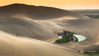 Bing wallpaper July 19, 2023. Crescent Lake near Dunhuang, Gansu province, China (© R7 Photo/Shutterstock)