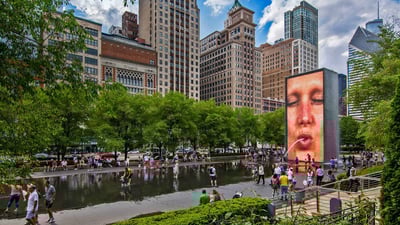 Bing wallpaper June 9, 2019. Crown Fountain by Catalan artist Jaume Plensa, Millennium Park, Chicago (© imageBROKER/Alamy)